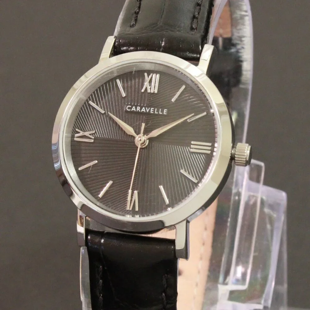 Caravelle Ladies Quartz Dress Watch By Bulova Black Textured Dial, Strap 28mm